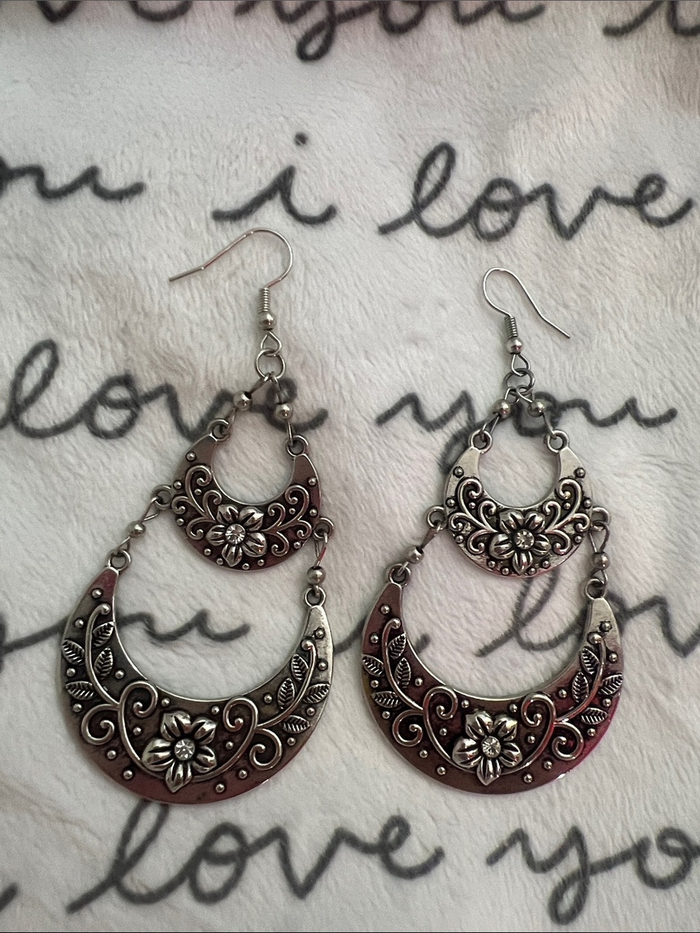 Silver Floral Filigree Double Hoop Earrings - Women Jewelry